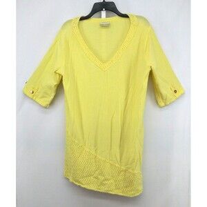 Cottonways Shirt Womens Size 2 Yellow 3/4 Sleeve Embroidered Accented Tunic Top